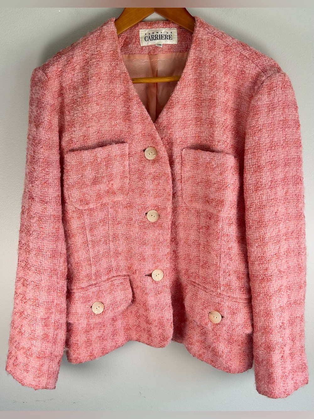 Vintage Femme de Carrière Women’s Tweed Blazer Jacket Size S Pink 100% Wool